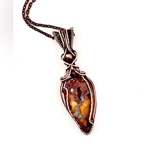 HANDMADE Moss Agate Copper Wire Wrapped Pendant Necklace, Artisan Jewelry Gift